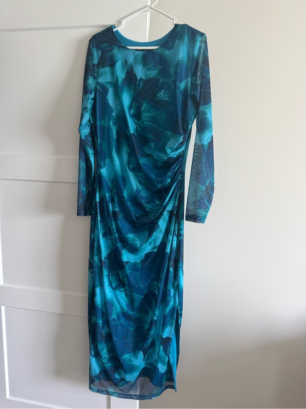 Teal Floral Long-Sleeve Maxi Dress